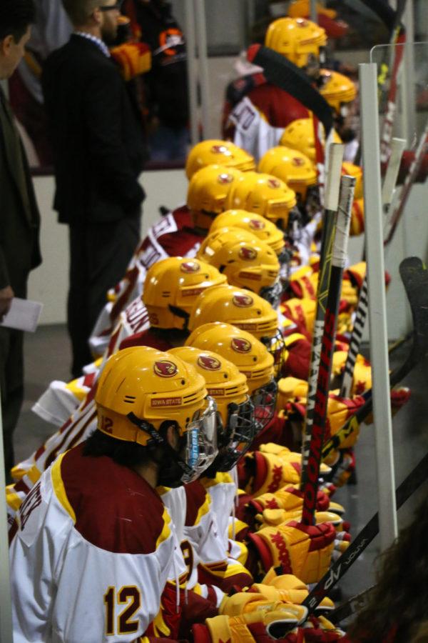 The Cyclones watch their teammates during the game against the Illinois State Redbirds Saturday night. Iowa State would go on to beat Illinois State 6-3.