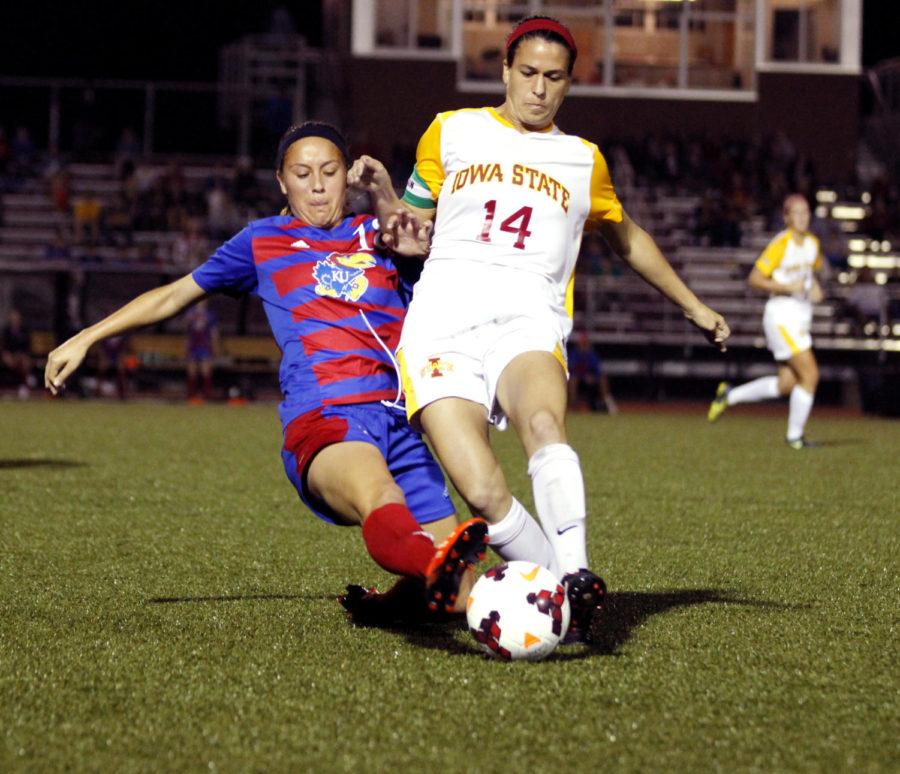 No.+14+senior+midfielder+Meredith+Skitt+fights+for+control+of+the+ball%C2%A0during+Iowa+States+0-0+double+overtime+tie+with+the+Jayhawks+on+Oct.+4+at+the+Cyclone+Sports+Complex.