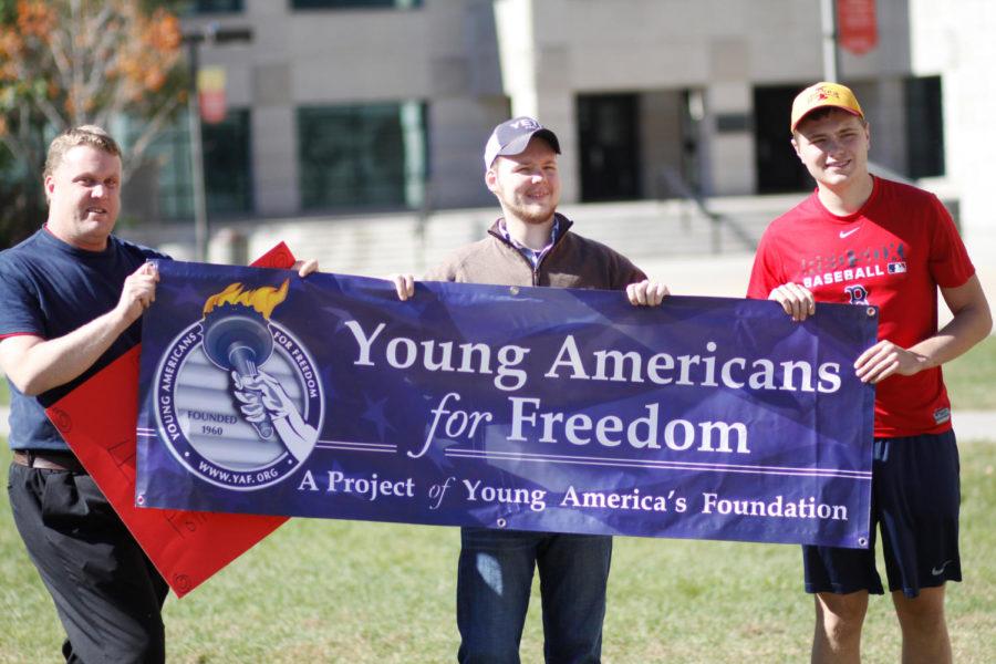 Robert Dunn, senior in accounting, leads the Young Americans for Freedom group along with Nick Riegeo, junior in agricultural business, and Ryan McCarthy, freshman in supply chain management. The Young Americans for Freedom put on the Conservative Coming Out Rally Friday at the free-speech zone on Oct. 9.