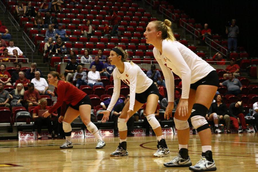Redshirt junior Morgan Kuhrt, junior Ciara Capezio and senior Caitlin Nolan watch for the ball during the game against Kansas State. The Cyclones beat the Wildcats 3-0. 