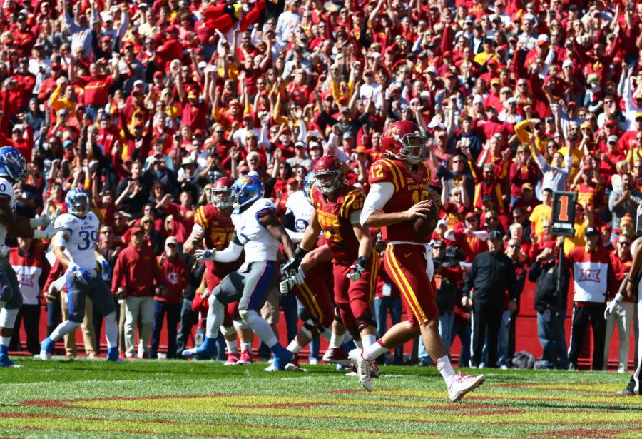 Iowa State quarterback Sam Richardson runs into the end zone for a touchdown during the game against Kansas Oct. 3. The Cyclones would go on to beat the Jayhawks 38-13. 
