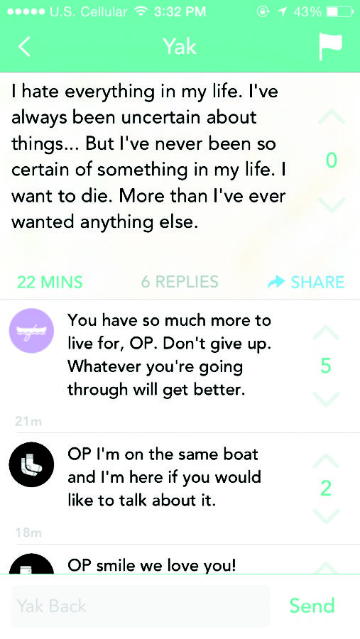 Students respond to anonymous Yik Yak post, hoping to offer reassurance to a user contemplating suicide.  