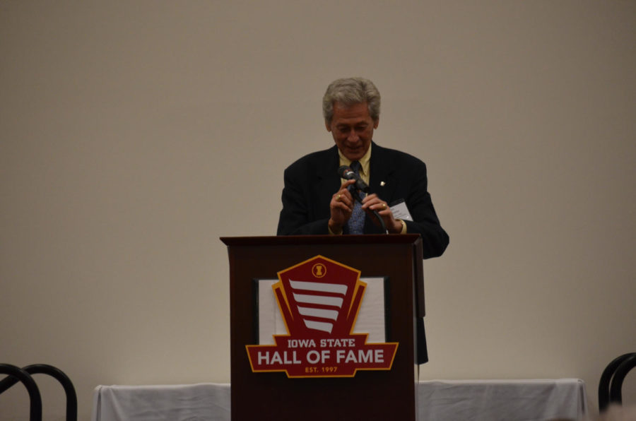 Hall of Fame inductee Tim Van Galder, men's baseball and football player from 1964-1966, during the ISU Hall of Fame ceremony Oct. 16.