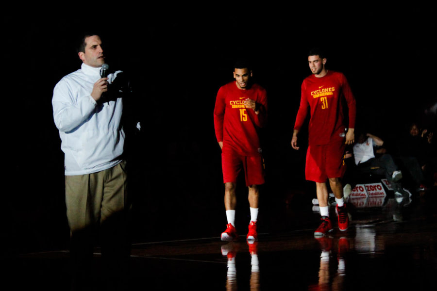 Mens basketball coach Steve Prohm gives an opening speech during Hilton Madness on Friday at Hilton Coliseum. Prohm then welcomed seniors Nazareth Mitou-Long (15) and Georges Niang (31) to say a few words. 