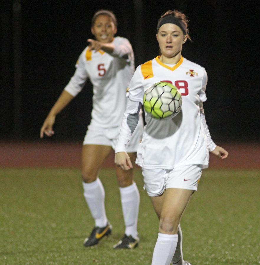 Freshman Taylor Wagner settles the ball. The Cyclones lost 2-0 to Texas Tech on homecoming, the final home game of the regular season. The Cyclones finished 0-8 in Big 12 conference play.