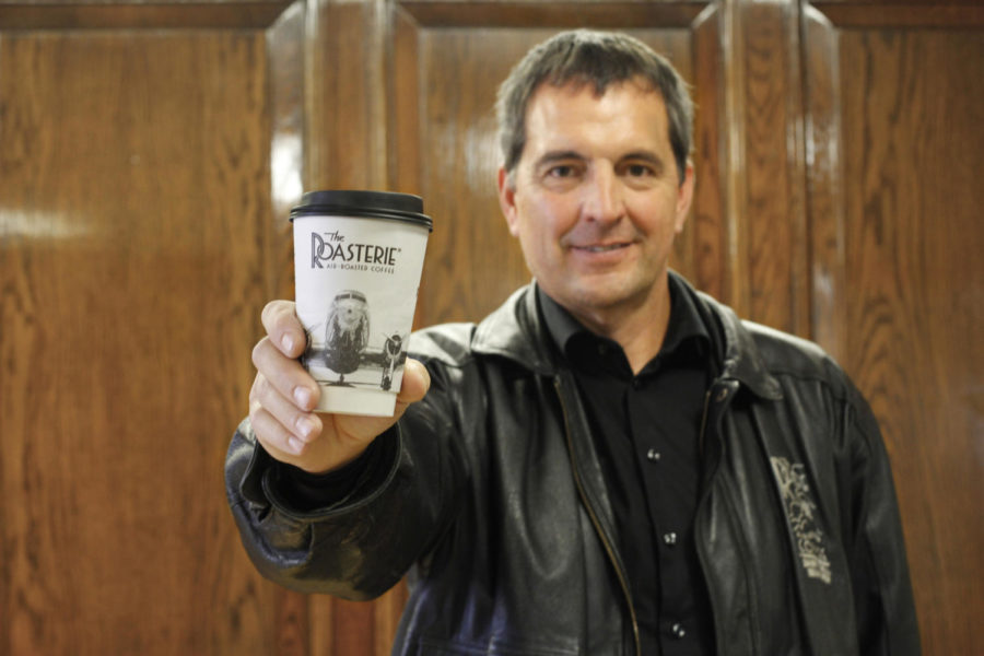 Danny ONeill, founder of The Roasterie, poses for a portrait Wednesday. Roasterie coffee is served and sold on campus at various locations including Bookends Café. 