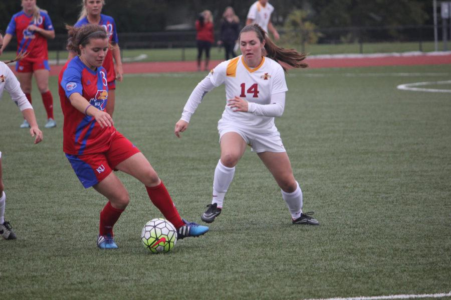 Stella Maris Strohman, sophomore midfielder, played against University of Kansas on Sunday.Iowa State Womens Soccer lost with a final score of 4-0.