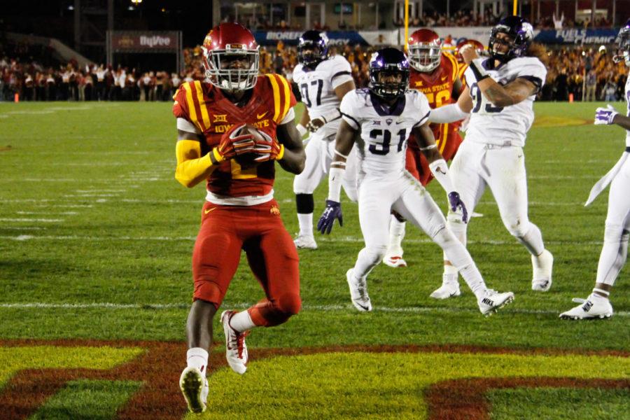 Running back Mike Warren celebrates a touchdown during a game against TCU on Saturday. The Cyclones would go on to lose 45-21.