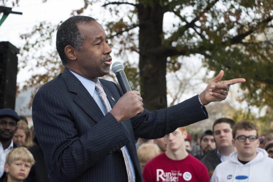Presidential candidate Dr. Ben Carson speaks during an event at Alpha Gamma Rho Saturday morning. Carson, who recently took the lead in the polls, spoke about his stance on key issues regarding his presidential campaign, as well as his reasons for running for president. 