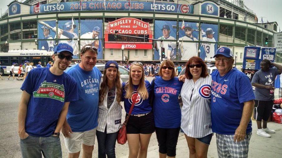 ISD Engagement Editor Maddy Arnold, third from left, visits Wrigley Field with her family in August. Arnold is a life-long Chicago Cubs fan and discussed what Wednesdays NL Wild Card game means to her and other Cubs fans. 
