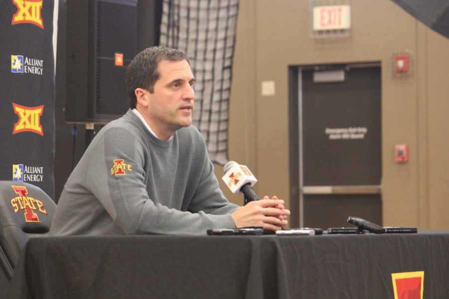 Head+Coach+Steve+Prohm+speaks+on+the+future+of+Mens+Basketball+at+Media+Day+Oct.+6.
