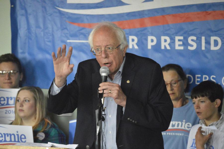 U.S. Sen. Bernie Sanders (I-Vt.) rallies the crowd Saturday afternoon at his campaign rally inside Torrent Brewing Co. in Ames.