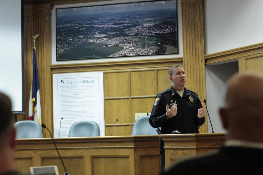 Commander Geoff Huff speaks to audience in attendance of the second educational dialogue. The second educational dialogue was put on Thursday night from 6 to 7 p.m. in the Ames City Hall in concordance with the Ames Police Department and the NAACP. The topic was knowing your Miranda Rights. 