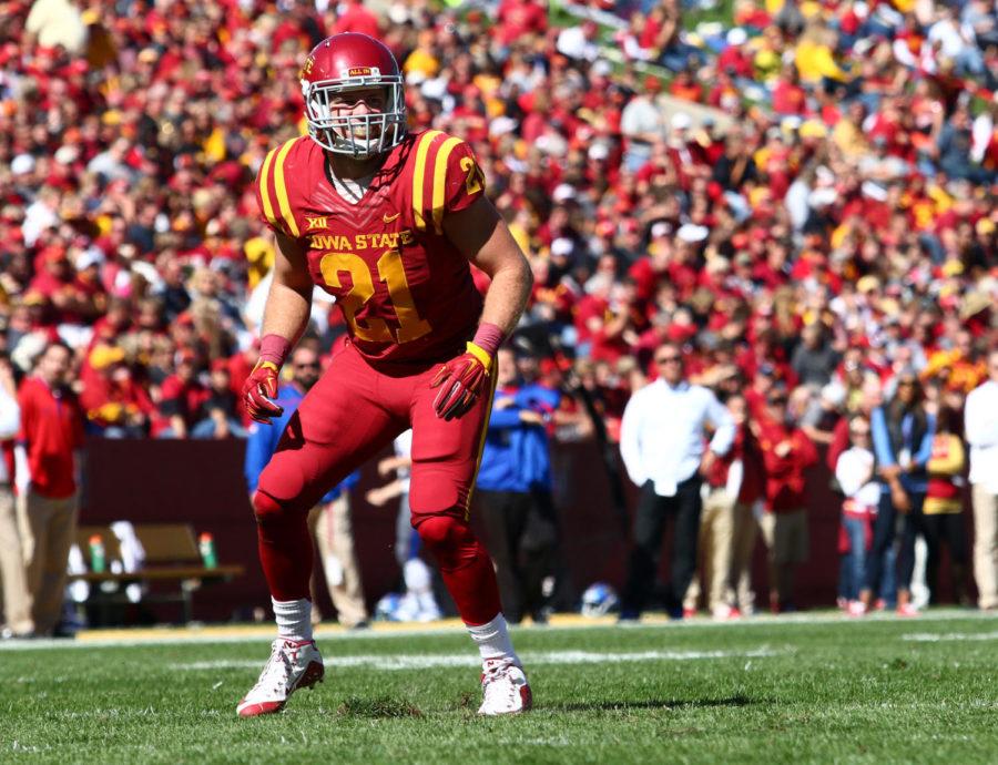 Iowa State linebacker Luke Knott looks across the field during the game against Kansas Sat. afternoon. The Cyclones would go on to beat the Jayhawks 38-13.
