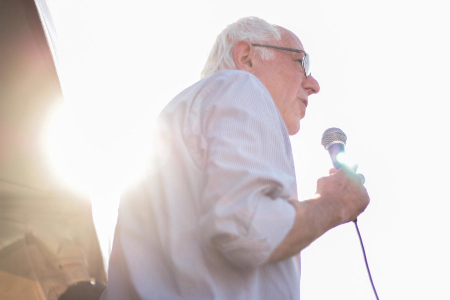 Bernie Sanders spoke to a crowd of around 100 people at Iowas Latino Heritage Festival in downtown Des Moines. He focused on topics such as immigration, education and jobs.