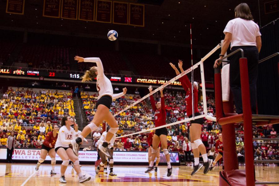 Junior Natalie Vondrak goes up for a hit against the Nebraska Cornhuskers late first set. The Cyclones would go on to lose the set 25-23, and the game 3-1.