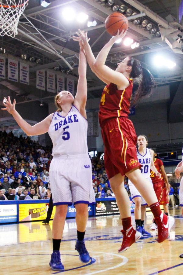 Sophomore center Bryanna Fernstrom takes a shot over a defender during a game against the Drake Bulldogs, Nov. 15 in Des Moines. The Cyclones would go on to lose 74-70.