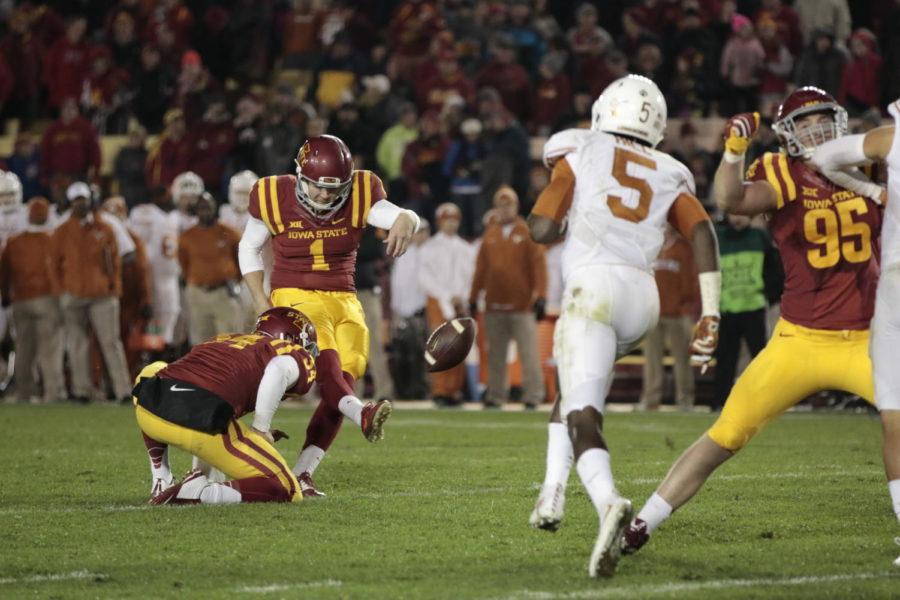 Kicker Cole Netten kicks the ball through the uprights for an extra point. The Cyclones defeated Texas 24-0 on Oct. 31.