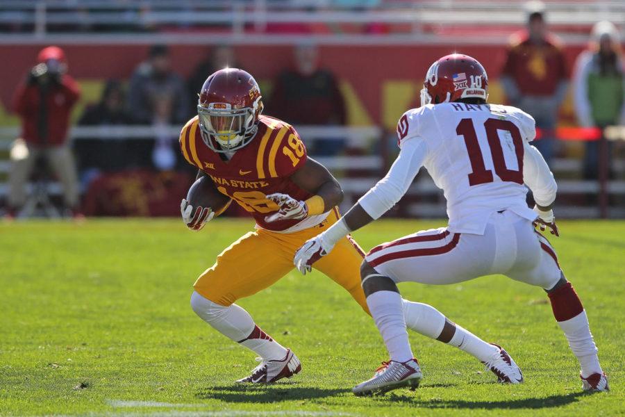 Freshman wide receiver Jauan Wesley runs with the ball past the Oklahoma Sooners defense on Nov. 1. The Cyclones fell to the No. 19 Sooners with a final score of 59-14.