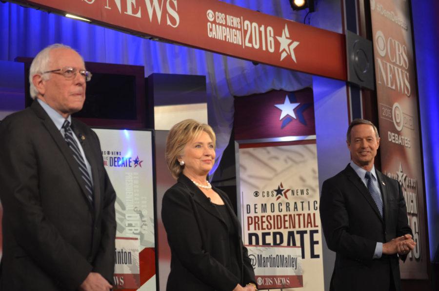 Presidental candidates Bernie Sanders, Hillary Clinton and Martin O'Malley at the Democratic debate at Sheslow Auditorium at Drake University in Des Moines on Saturday, Nov. 14.