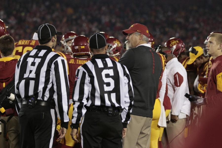 Head coach Paul Rhoads talks with officials about a call he didnt agree with. The Cyclones beat Texas 24-0 Oct. 31 for a homecoming victory.