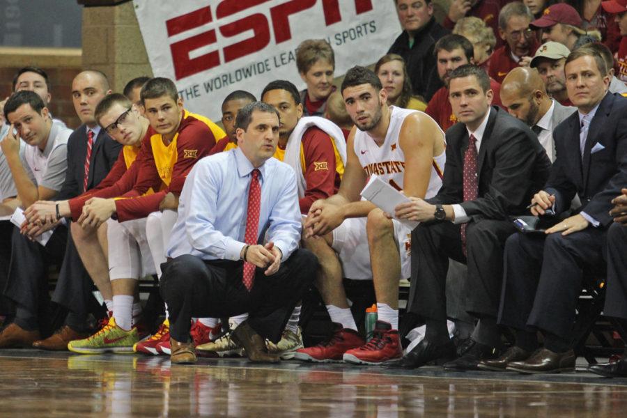 Head coach Steve Prohm (left) talks with forward Georges Niang on Nov. 13 in Sioux Falls, S.D. The Cyclones defeated the Buffaloes 68-62 in their season opener.