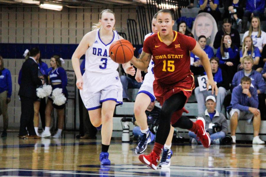 Senior guard Nicole Kidd Blaskowsky dribbles down the court during a game against the Drake Bulldogs, Nov. 15 in Des Moines. The Cyclones would go on to lose 74-70.