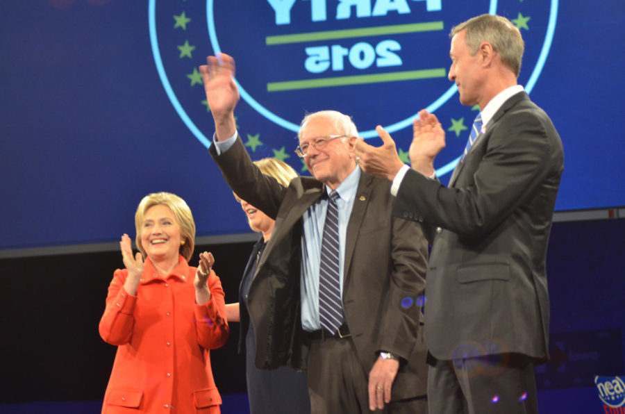 From left to right: Former Secretary of State Hillary Clinton, Vermont Sen. Bernie Sanders and former Maryland Gov. Martin OMalley. All three candidates for president spoke at the Iowa Democratic Partys annual Jefferson-Jackson Dinner in Des Moines on Saturday, Oct. 24.