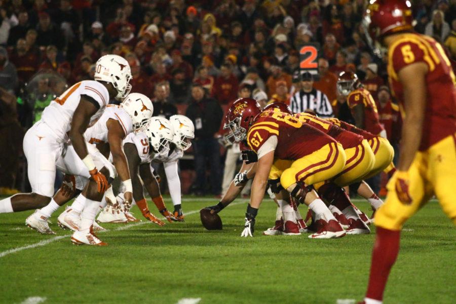 The Iowa State offensive line prepares for a play during the game against Texas Saturday night. The Cyclones defeated the Longhorns in a 24-0 shutout under new starting quarterback Joel Lanning.