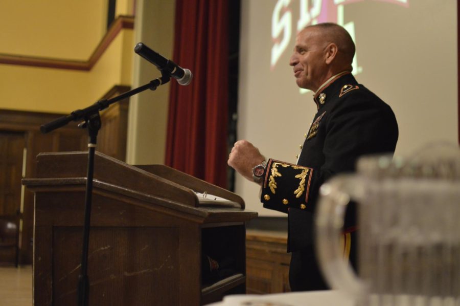 Guest Speaker Col. Jeffrey Hagan outlines the importance of remembering and learning from history in his speech given on Nov. 7 at the Marine/Navy Birthday Ball. The birthday ball is held annually to commemorate and remember years of service among the naval services. This year they celebrated their 240th birthday.