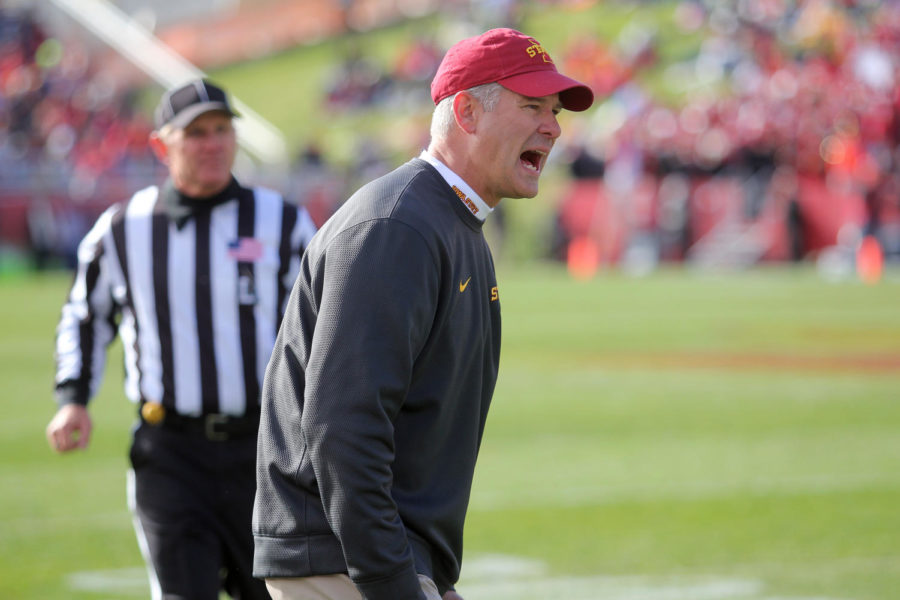 Head coach Paul Rhoads yells to his players as the play clock counts down. Youve got to continue to get better players in a program. You’ve got to continue to develop them. You’ve got to execute better on game day and outperform them Rhoads said. The Cyclones fell to the No. 19 Sooners with a final score of 59-14.