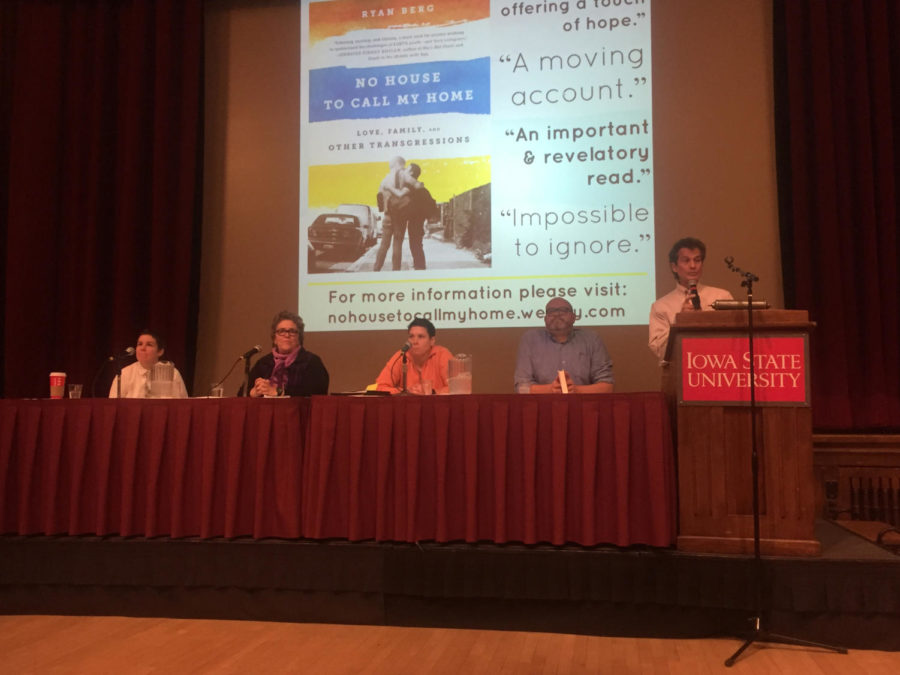 A panel leads a discussion about homelessness in the LGBTQ+ community with an emphasis on youth in Iowa. The discussion took place on Monday in the Great Hall of the Memorial Union.