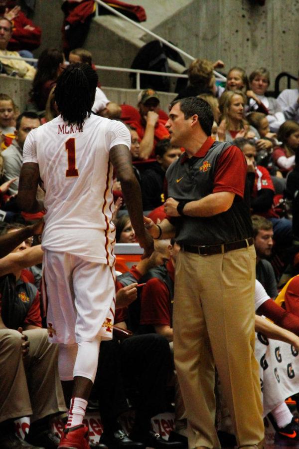 Head Coach Steve Prohm talks to senior Jameel McKay during an exhibition basketball game against the Grand Valley State Lakers. The Cyclones would go on to win 106-60.