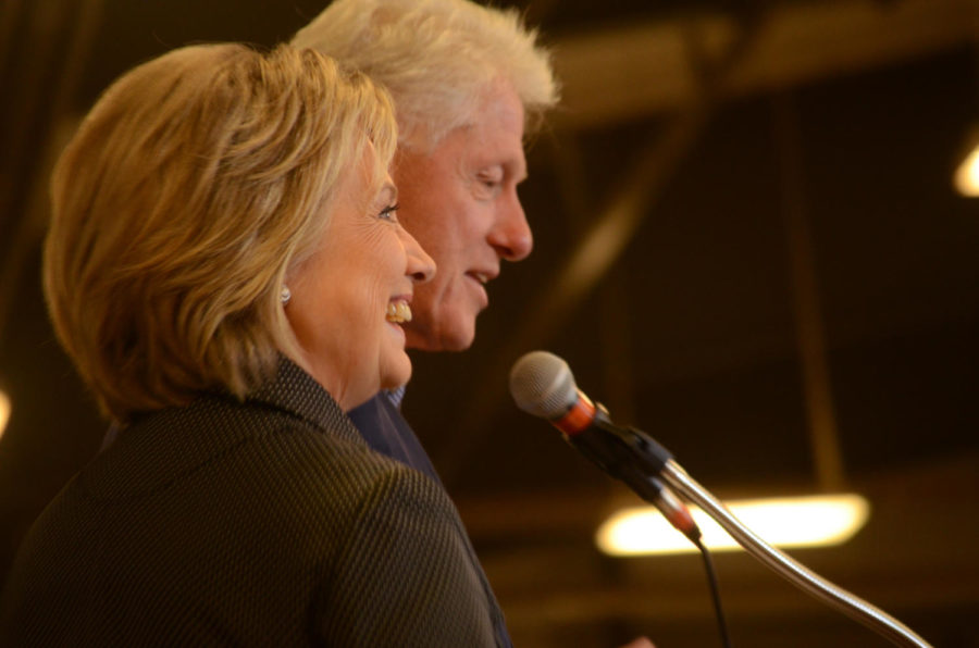 Hillary Clinton speaking at the Central Iowa Democrats fall barbecue with former President Bill Clinton by her side. The event was held Sunday, Nov. 15 at Hansen Agriculture Center at Iowa State University.