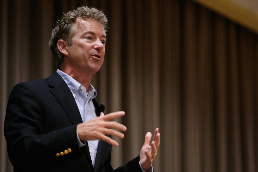 In the Memorial Unions Sun Room, Sen. Rand Paul speaks to a gathered crowd of over 600 students. His promises of a presidency focused on personal privacy and cutting the government down to the powers laid out in the constitution were well recieved by the young crowd.