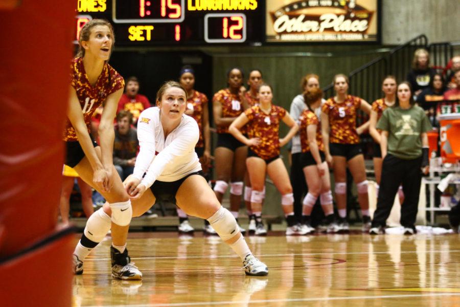 Iowa State senior libero Caitlin Nolan prepares to bump the ball during the game against Texas Sat. night. The No. 14 Cyclones would go on to lose to the No. 3 ranked Longhorns 0-3. 