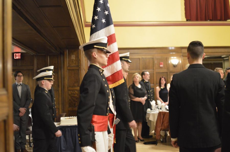 NRTOC and Marine midshipmen prepare to present the colors at the 240th annual Birthday Ball on Nov. 7. 