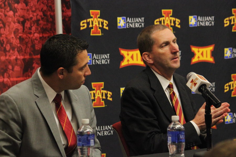 From left, Matt Campbell, new head football coach and Jamie Pollard, director of athletics share excitement as Campbell steps up to new position on Nov. 30.
