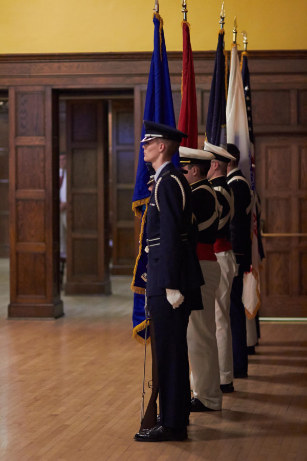 An ROTC color guard, comprised of multiple branches of the armed forces, stands at attention at the Gold Star Hall Ceremony. The memorial, which was held in the Great Hall of the Memorial Union, took place on Nov. 11 and honored five fallen alumni of Iowa State.