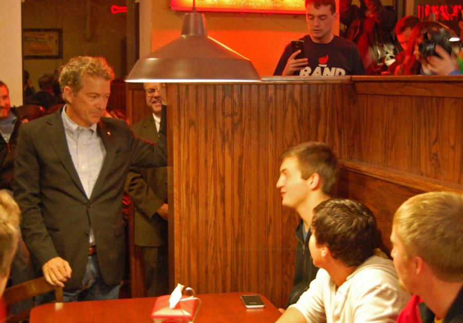 Rand Paul stopped by Jeffs Pizza on Lincoln Way on Wednesday night to talk to students about their concerns during the political season. He left to chants of President Paul, President Paul!