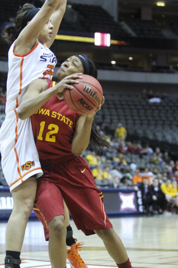 Sophomore guard Seanna Johnson pushes her way to an open shot against Oklahoma State in the third game of the 2015 Big 12 Championship in Dallas, Texas. The Cyclones fell to the Cowgirls 67-58. Johnson had 16 points, 12 rebounds and three assists for Iowa State.