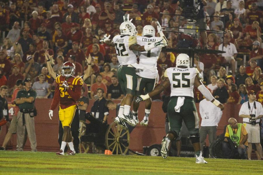 Baylor players celebrate after a pass on Sept. 27 at Jack Trice Stadium. The Cyclones fell to the Bears 49-28.