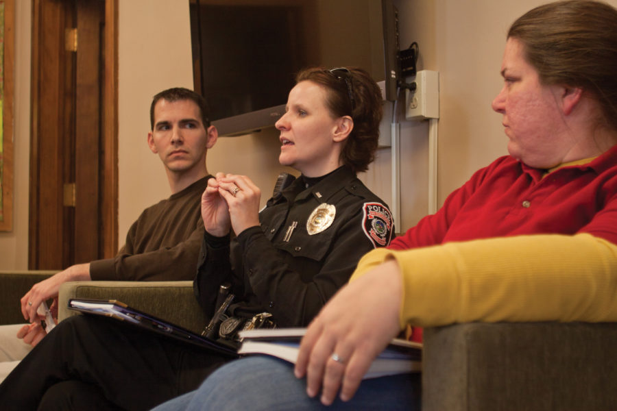 Program coordinator in the Dean of Students Office, Kipp Van Dyke, Carrie Jacobs from ISU Police, and Assistant Dean of Students, Michelle Boettcher, discuss issues dealing with stalking on Tuesday, Jan. 25, in the Sloss House. Anyone can be stalked. Anyone can be engaged in activities that can be considered stalking, Boettcher said. The event held in honor of Stalking Awareness Month was part of the monthly Take Time on Tuesdays series put on by the Margaret Sloss Womens Center.