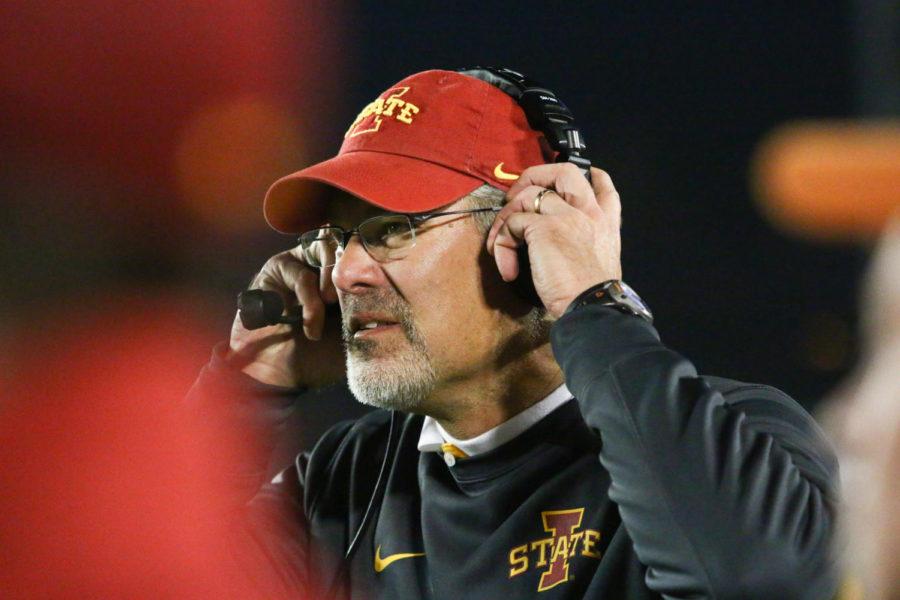 Former+Iowa+State+football+Head+Coach+Paul+Rhoads+makes+a+call+during+the+Cyclones+game+against+Texas+on+Oct.+31%2C+2015.+The+Cyclones%C2%A0defeated+the+Longhorns+in+a+24-0+shutout.