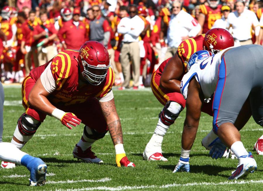Iowa State right guard Daniel Burton (70) prepares for the snap during the game against Kansas Sat. afternoon. The Cyclones would go on to beat the Jayhawks 38-13.