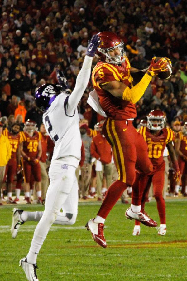 Wide receiver Allen Lazard catches a ball during the game against TCU on Oct. 17. The Cyclones would go on to lose 45-21.