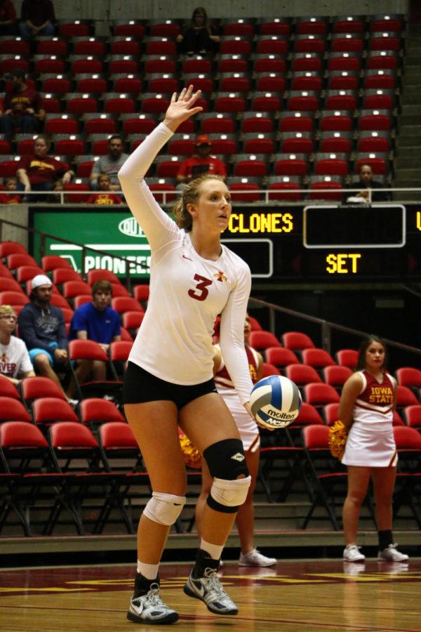 Redshirt junior Morgan Kuhrt serves the ball during the game against Kansas State. The Cyclones beat the Wildcats 3-0. 