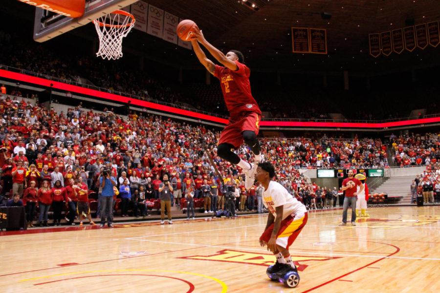 Sophomore Nick Weiler-Babb goes up for a dunk during Hilton Madness on Friday in the Hilton Coliseum. 