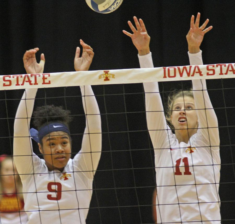Sophomore Samara West and junior Ciara Capezio get a block against Oklahoma. The Cyclones beat the Sooners 3 sets to 1.