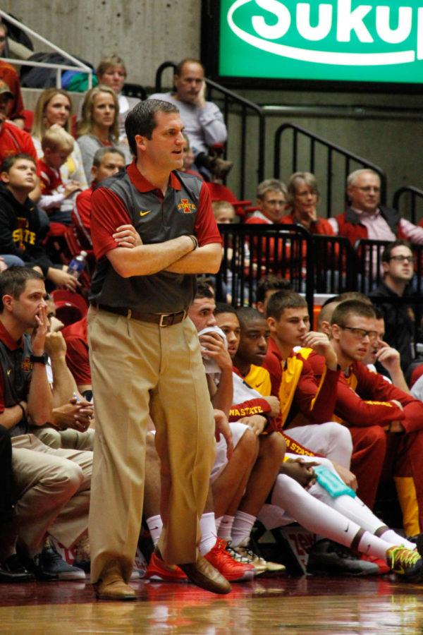 Head Coach Steve Prohm watches the court during an exhibition basketball game against the Grand Valley State Lakers. The Cyclones would go on to win 106-60.